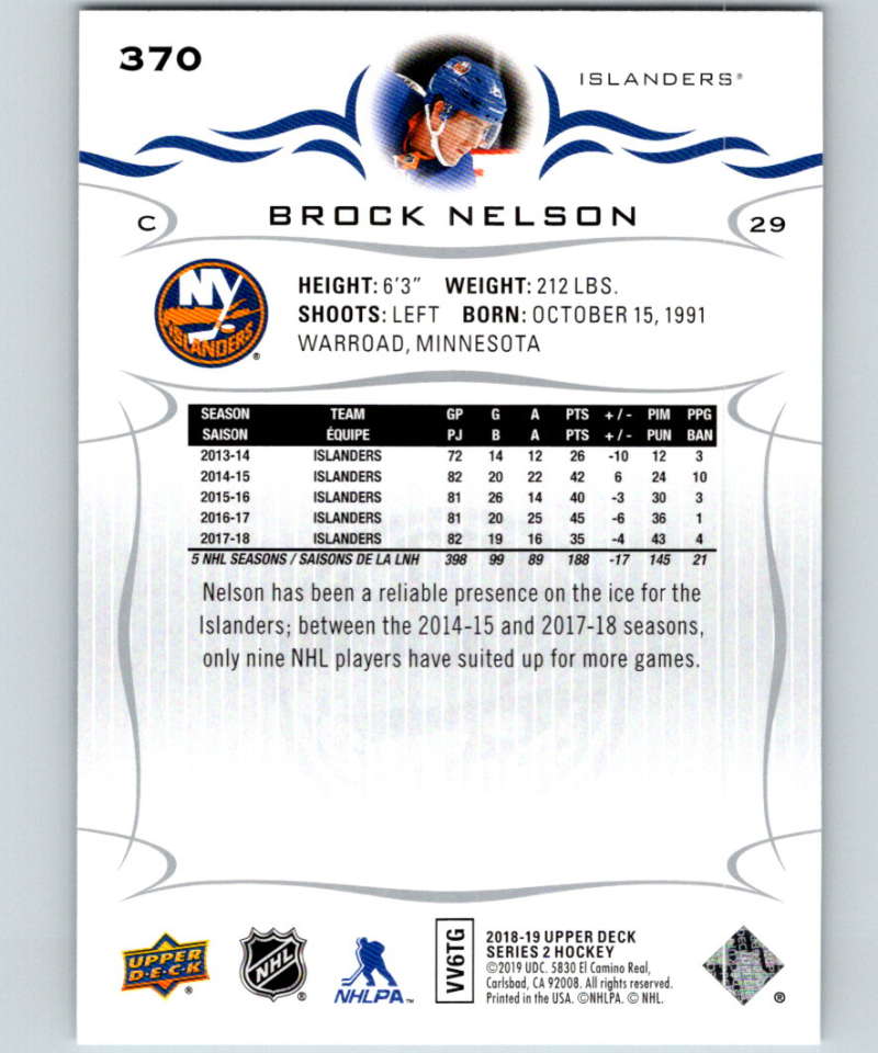 2018-19 Upper Deck #370 Brock Nelson Mint New York Islanders Image 2