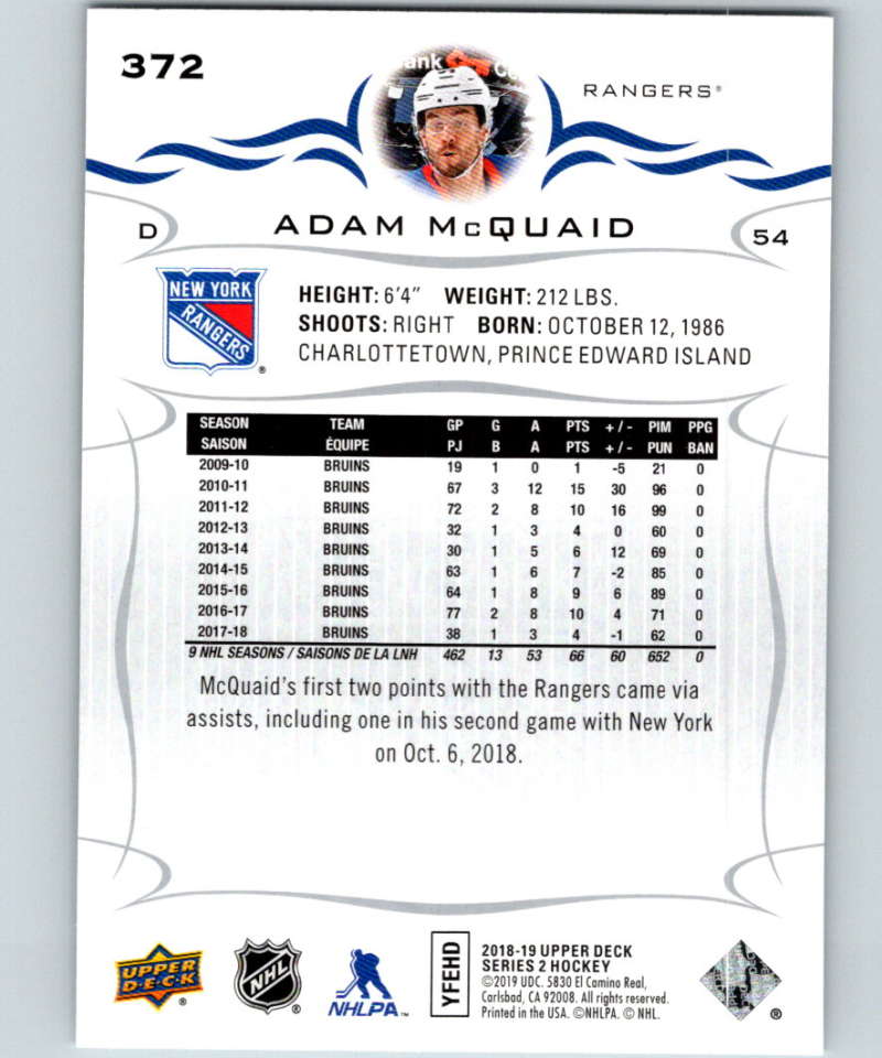 2018-19 Upper Deck #372 Adam McQuaid Mint New York Rangers Image 2