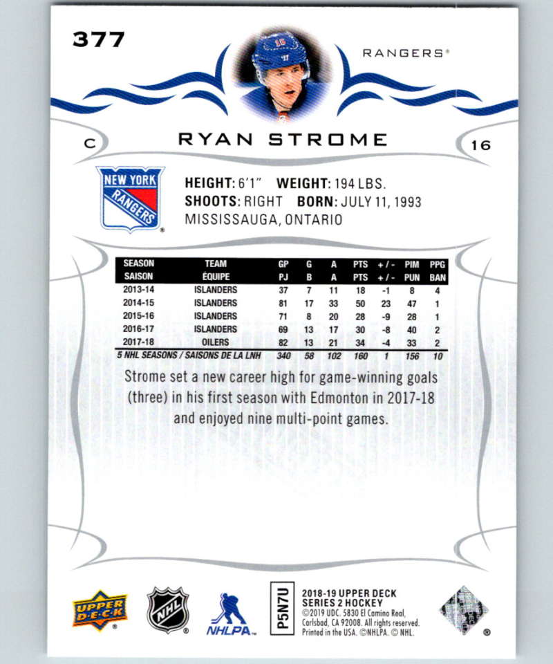 2018-19 Upper Deck #377 Ryan Strome Mint New York Rangers Image 2