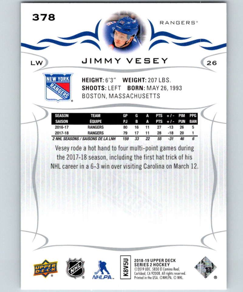 2018-19 Upper Deck #378 Jimmy Vesey Mint New York Rangers Image 2