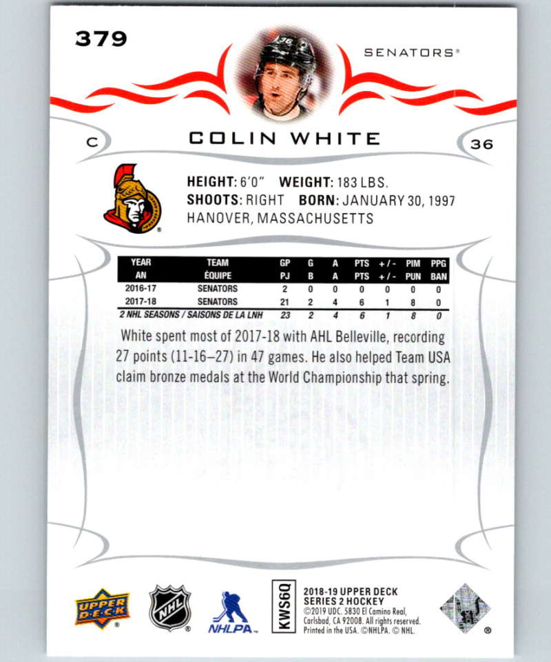 2018-19 Upper Deck #379 Colin White Mint Ottawa Senators Image 2