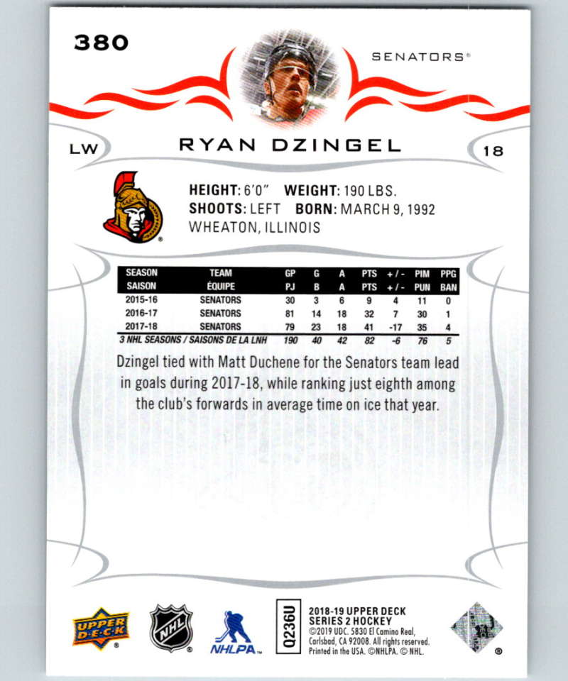 2018-19 Upper Deck #380 Ryan Dzingel Mint Ottawa Senators Image 2