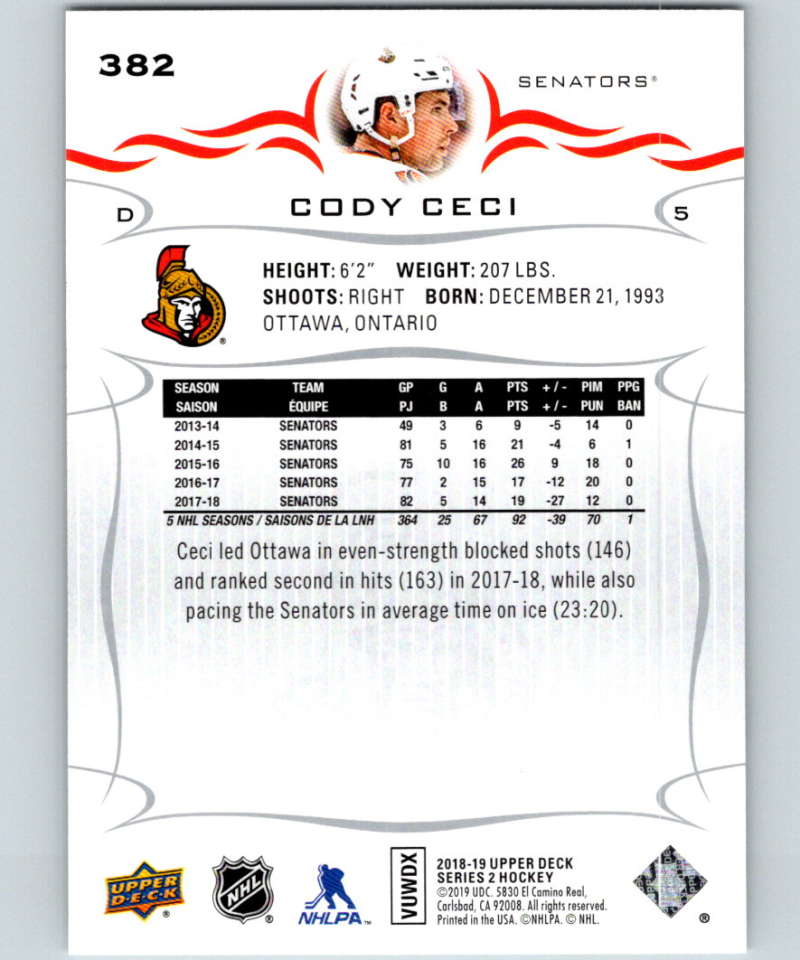 2018-19 Upper Deck #382 Cody Ceci Mint Ottawa Senators Image 2