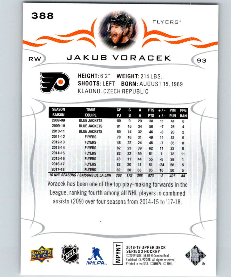 2018-19 Upper Deck #388 Jakub Voracek Mint Philadelphia Flyers Image 2
