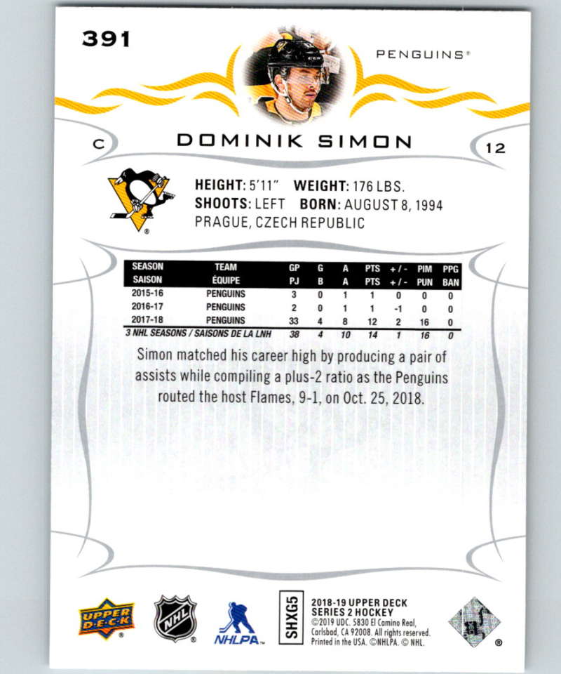 2018-19 Upper Deck #391 Dominik Simon Mint Pittsburgh Penguins Image 2