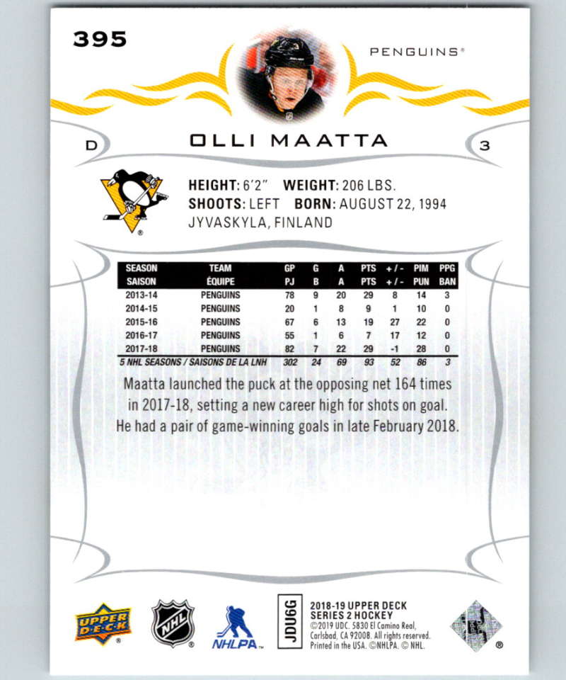 2018-19 Upper Deck #395 Olli Maatta Mint Pittsburgh Penguins Image 2