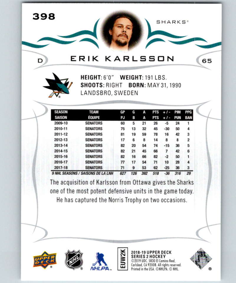 2018-19 Upper Deck #398 Erik Karlsson Mint San Jose Sharks Image 2