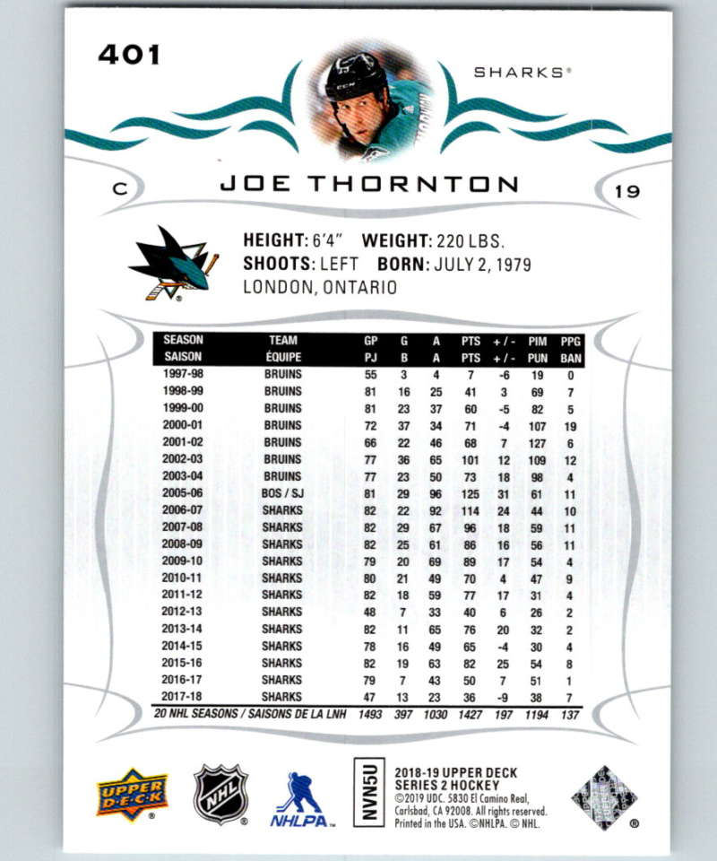 2018-19 Upper Deck #401 Joe Thornton Mint San Jose Sharks Image 2