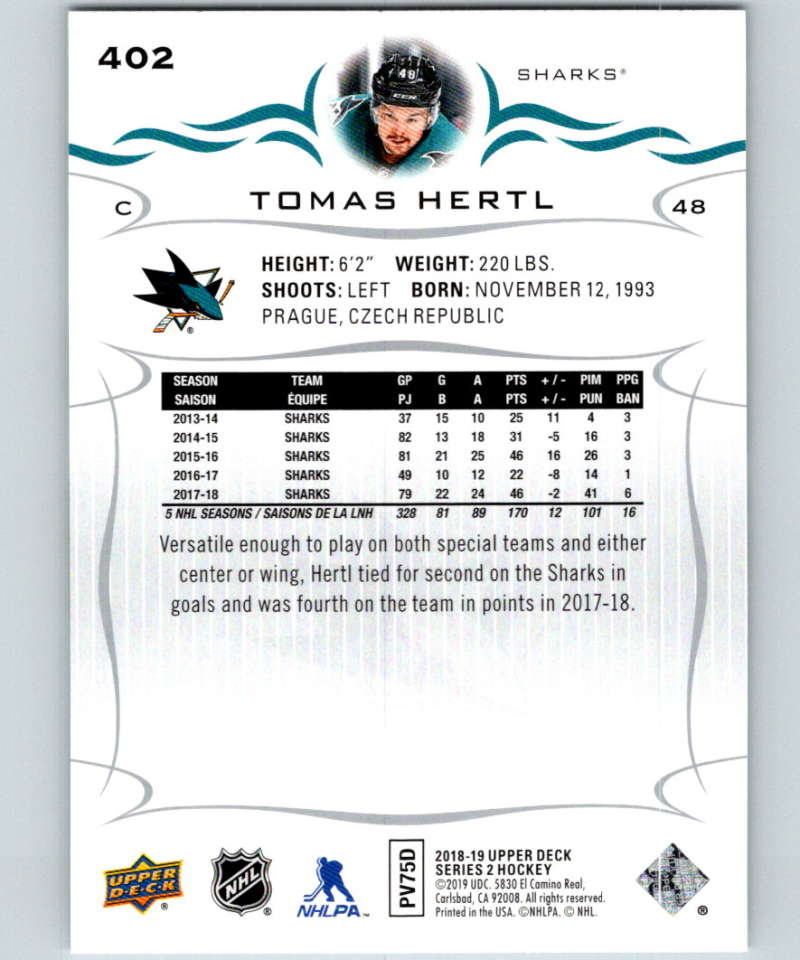 2018-19 Upper Deck #402 Tomas Hertl Mint San Jose Sharks