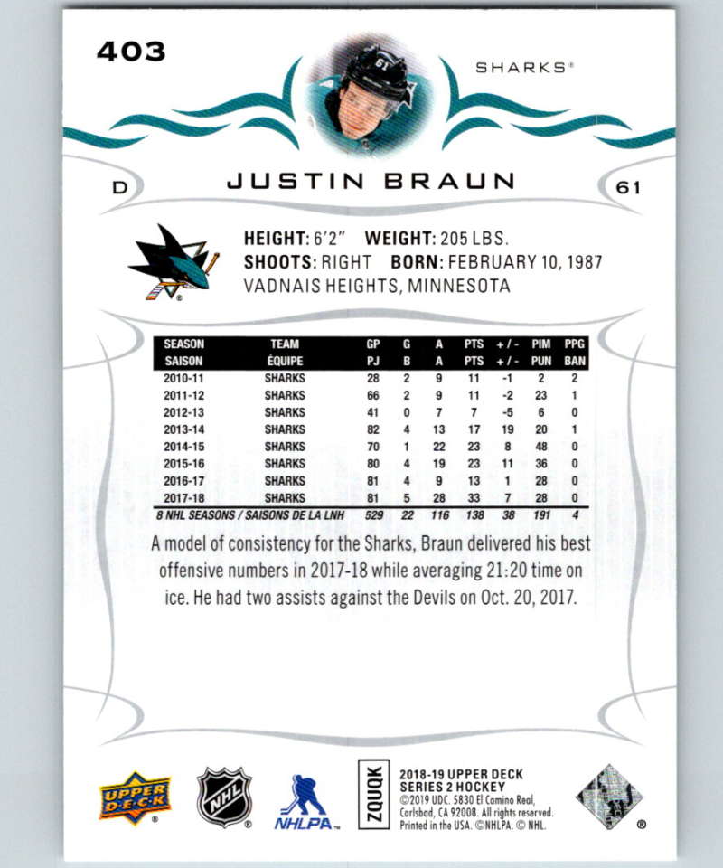 2018-19 Upper Deck #403 Justin Braun Mint San Jose Sharks Image 2