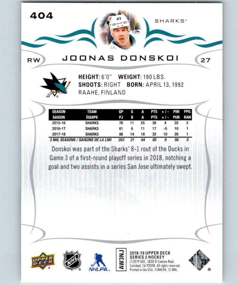 2018-19 Upper Deck #404 Joonas Donskoi Mint San Jose Sharks Image 2