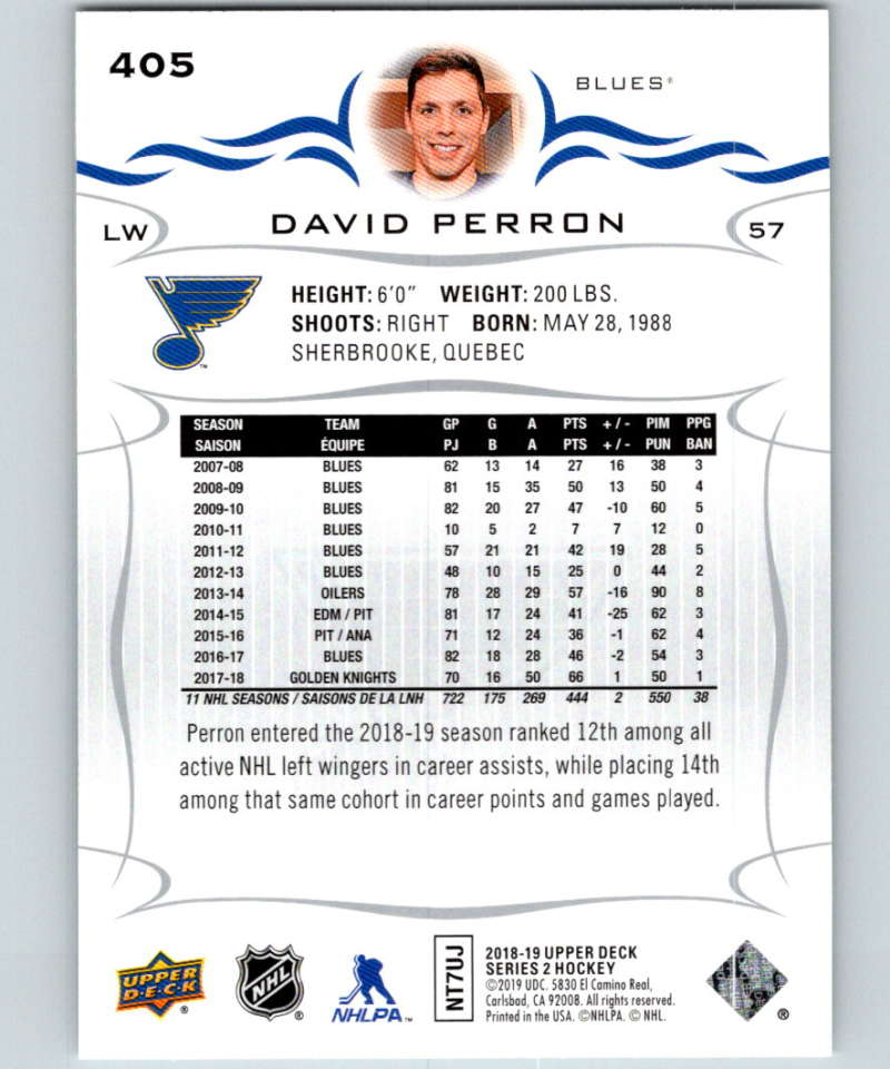 2018-19 Upper Deck #405 David Perron Mint St. Louis Blues Image 2