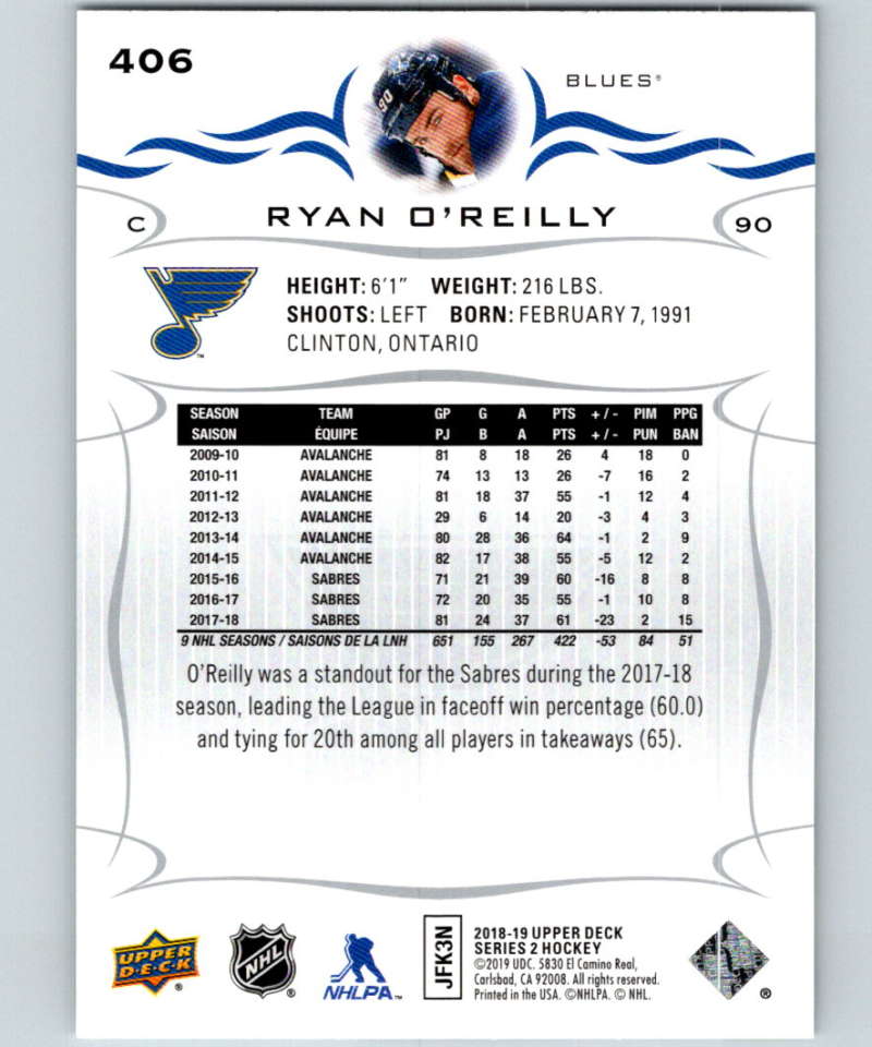 2018-19 Upper Deck #406 Ryan O'Reilly Mint St. Louis Blues