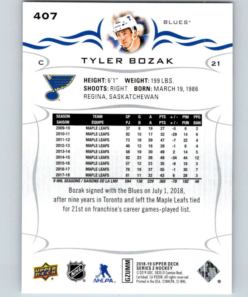 2018-19 Upper Deck #407 Tyler Bozak Mint St. Louis Blues Image 2