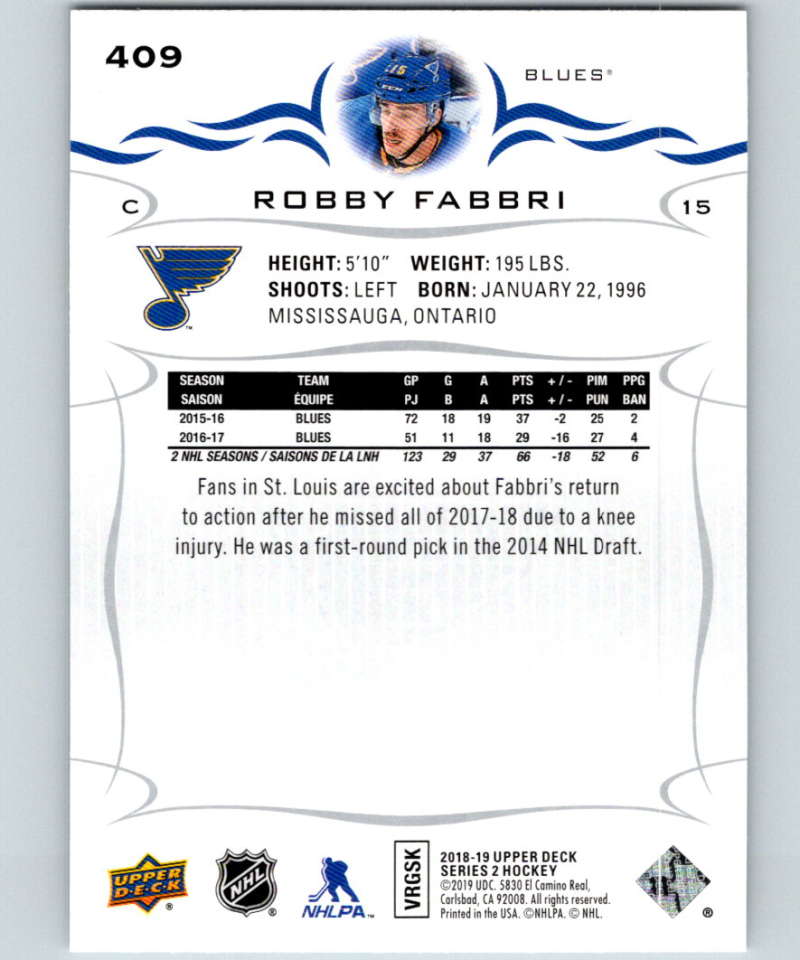 2018-19 Upper Deck #409 Robby Fabbri Mint St. Louis Blues Image 2