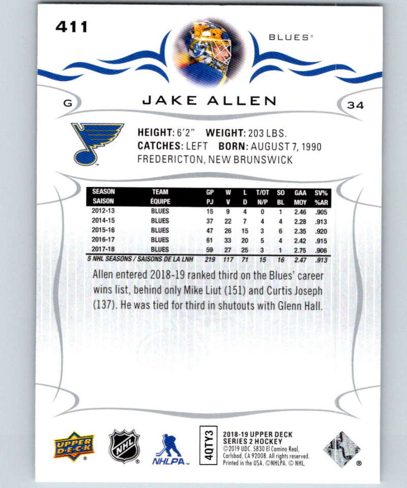 2018-19 Upper Deck #411 Jake Allen Mint St. Louis Blues Image 2
