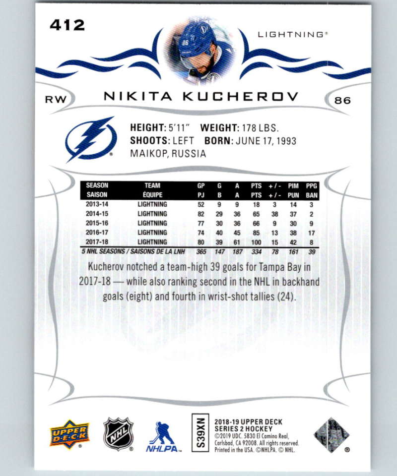 2018-19 Upper Deck #412 Nikita Kucherov Mint Tampa Bay Lightning Image 2