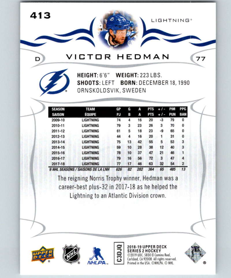 2018-19 Upper Deck #413 Victor Hedman Mint Tampa Bay Lightning