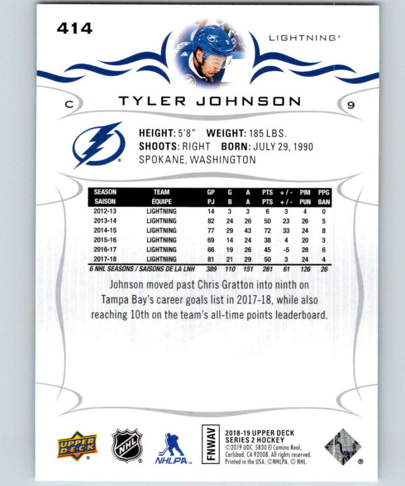 2018-19 Upper Deck #414 Tyler Johnson Mint Tampa Bay Lightning Image 2