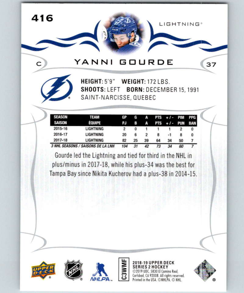 2018-19 Upper Deck #416 Yanni Gourde Mint Tampa Bay Lightning Image 2