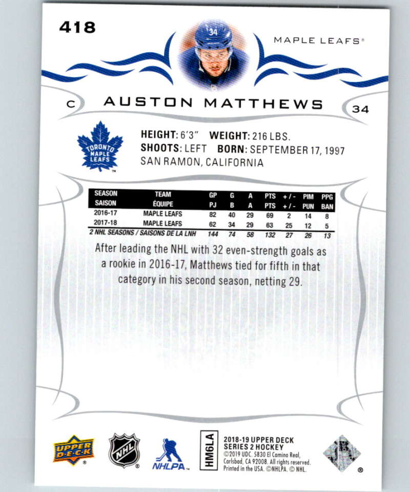 2018-19 Upper Deck #418 Auston Matthews Mint Toronto Maple Leafs