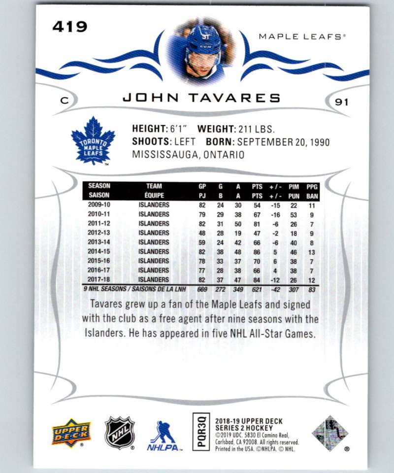 2018-19 Upper Deck #419 John Tavares Mint Toronto Maple Leafs