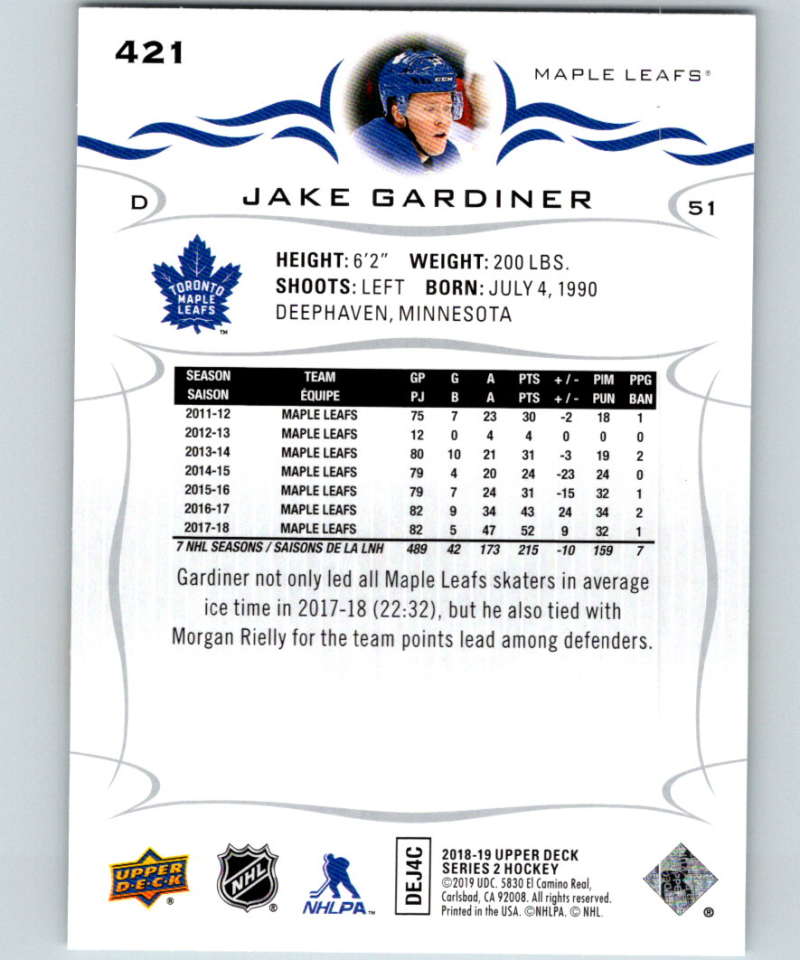 2018-19 Upper Deck #421 Jake Gardiner Mint Toronto Maple Leafs