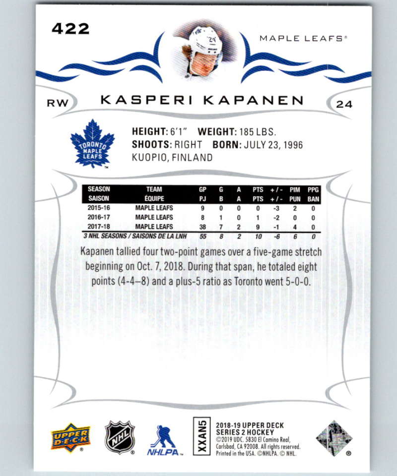 2018-19 Upper Deck #422 Kasperi Kapanen Mint Toronto Maple Leafs