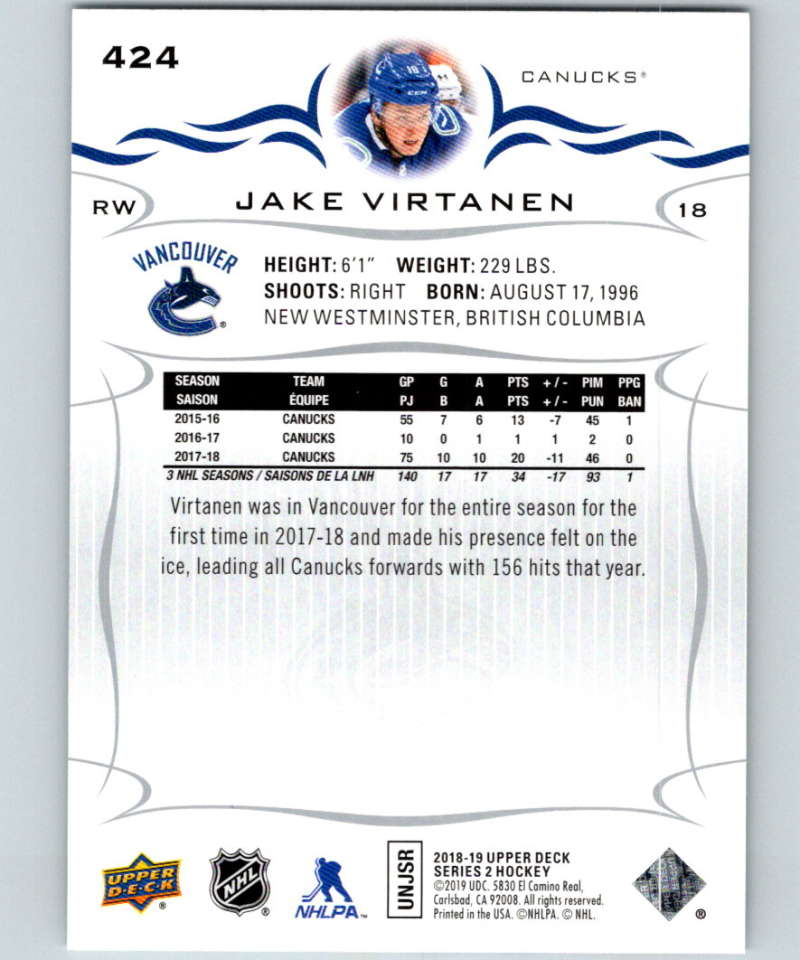 2018-19 Upper Deck #424 Jake Virtanen Mint Vancouver Canucks Image 2
