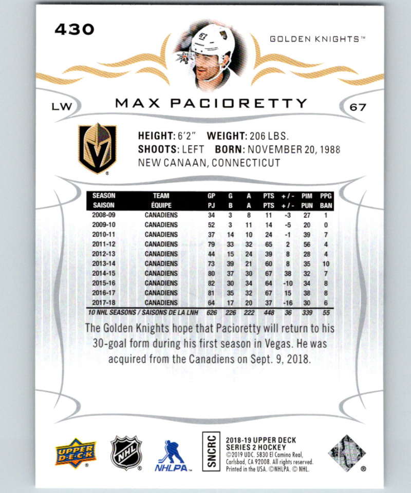 2018-19 Upper Deck #430 Max Pacioretty Mint Vegas Golden Knights