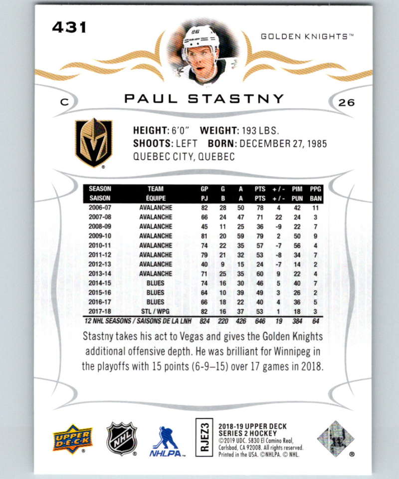 2018-19 Upper Deck #431 Paul Stastny Mint Vegas Golden Knights Image 2