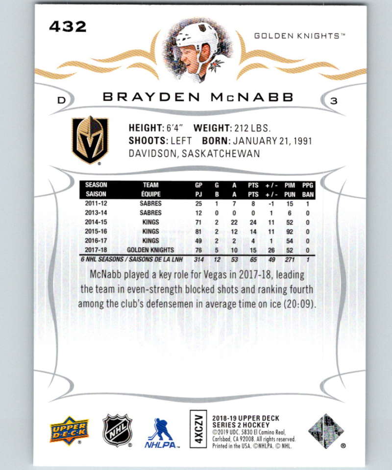 2018-19 Upper Deck #432 Brayden McNabb Mint Vegas Golden Knights Image 2