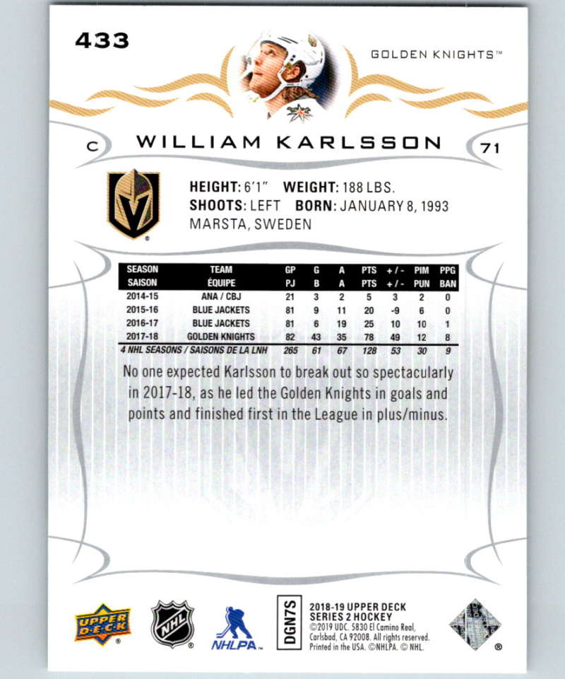 2018-19 Upper Deck #433 William Karlsson Mint Vegas Golden Knights