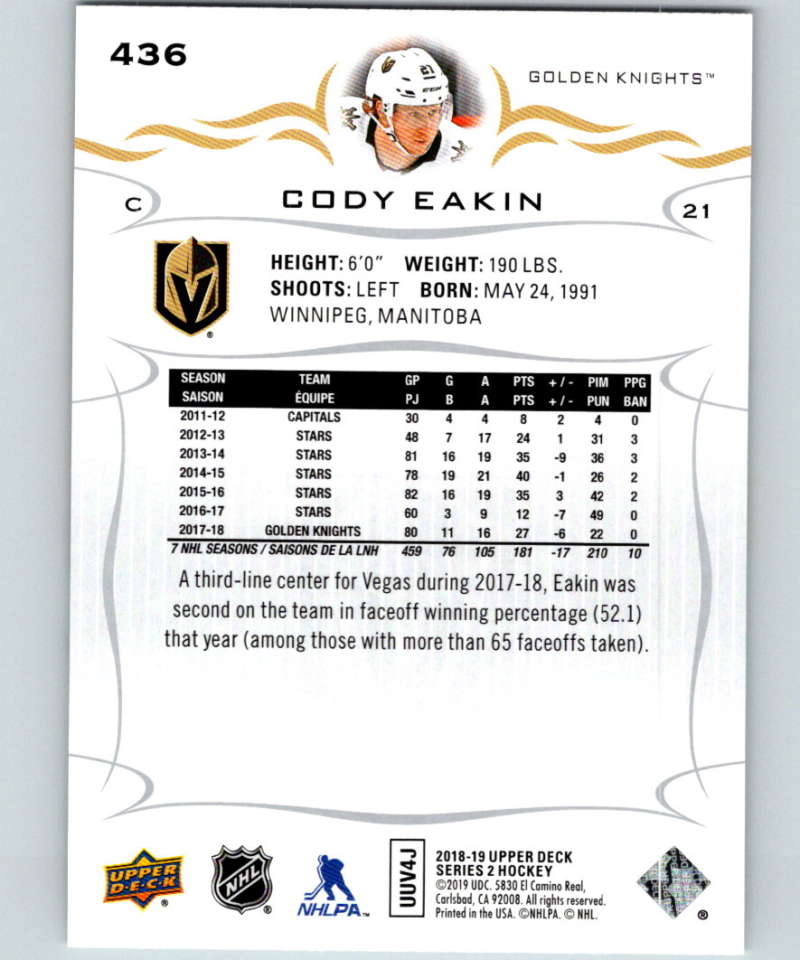 2018-19 Upper Deck #436 Cody Eakin Mint Vegas Golden Knights Image 2