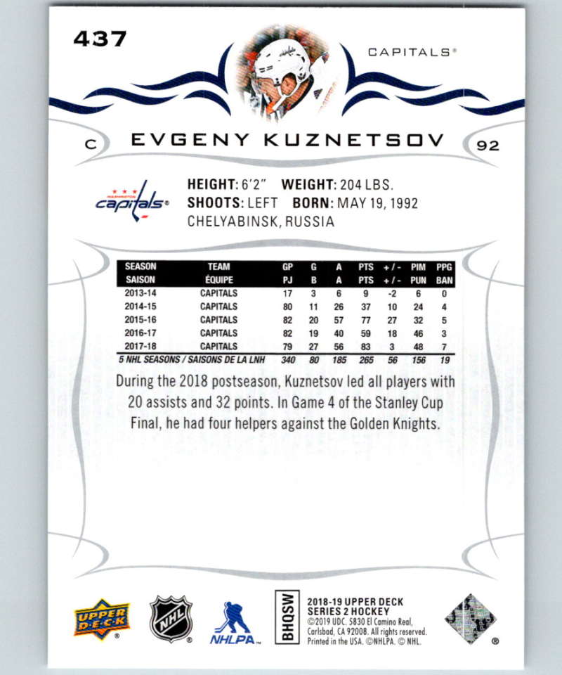 2018-19 Upper Deck #437 Evgeny Kuznetsov Mint Washington Capitals Image 2