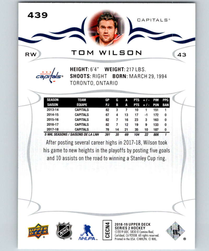2018-19 Upper Deck #439 Tom Wilson Mint Washington Capitals Image 2