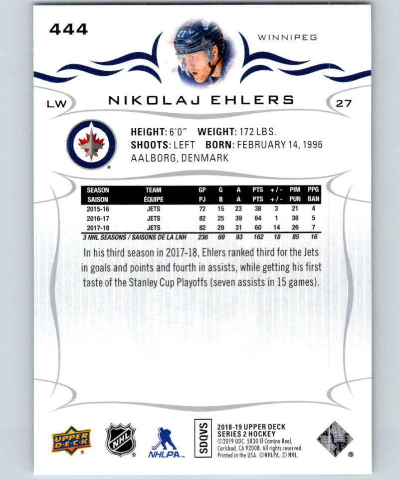 2018-19 Upper Deck #444 Nikolaj Ehlers Mint Winnipeg Jets Image 2