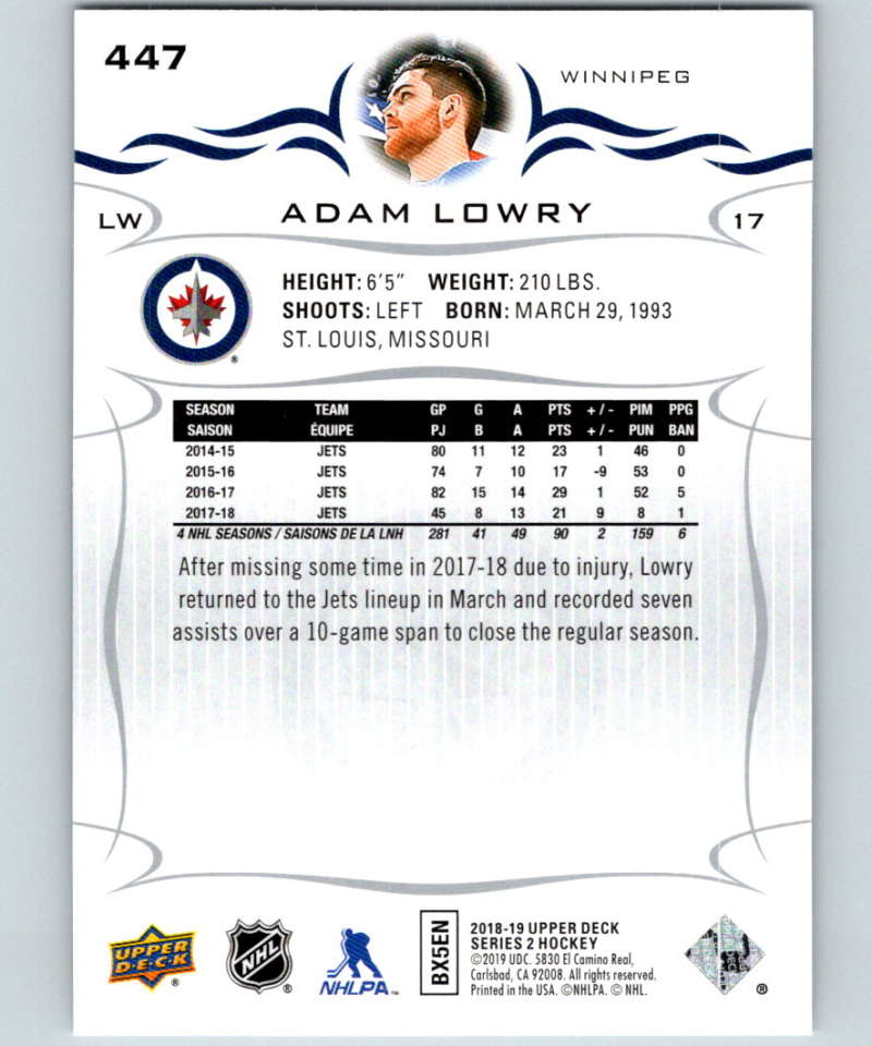 2018-19 Upper Deck #447 Adam Lowry Mint Winnipeg Jets Image 2
