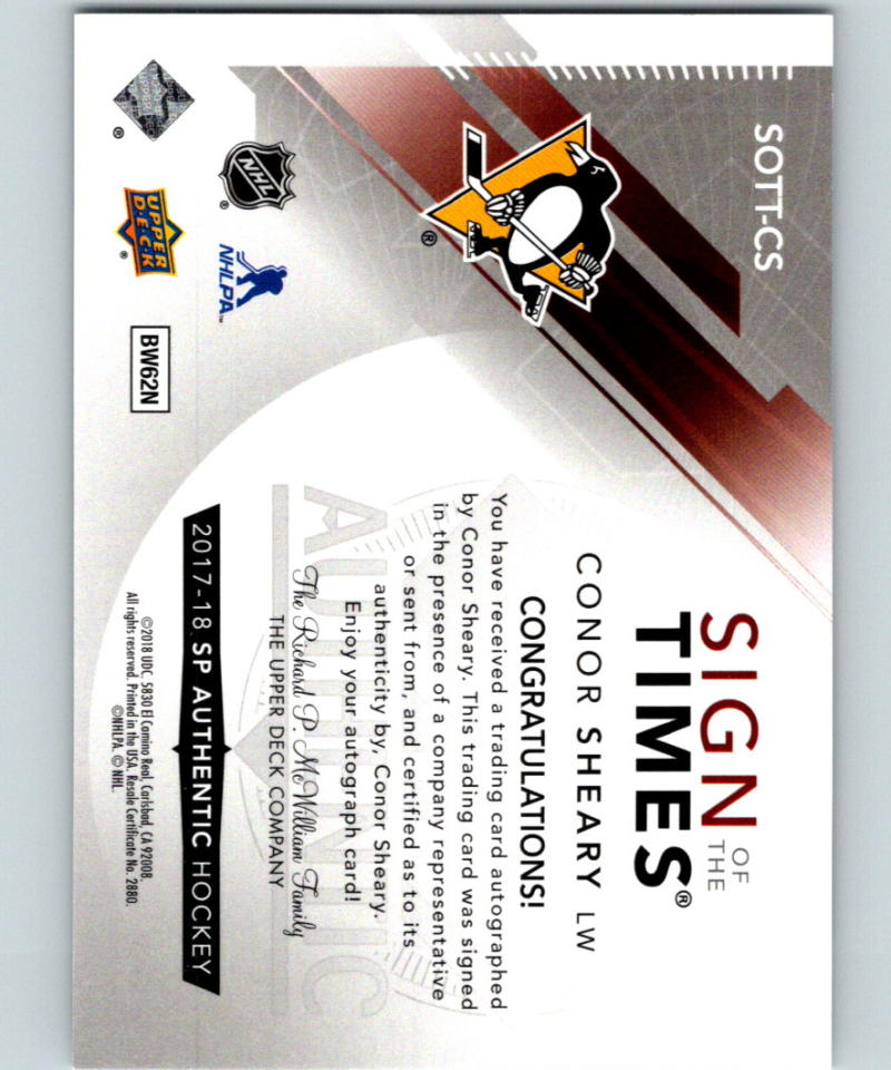 2017-18 SP Authentic Sign of the Times Autographs Conor Sheary MINT Auto 07571