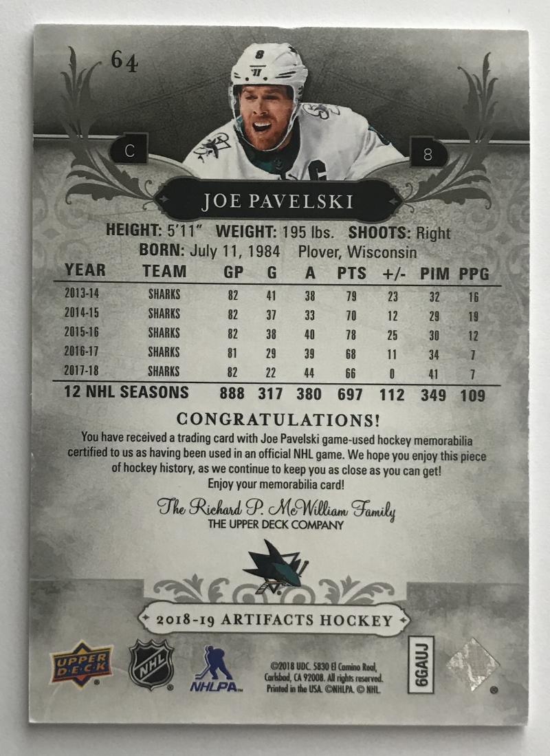 2018-19 Upper Deck Artifacts Material Silver Jerseys Joe Pavelski 116/165 05274