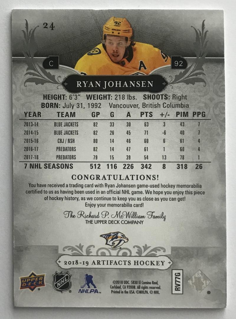 2018-19 Upper Deck Artifacts Material Silver Jerseys #24 Ryan Johansen 42/165 05275