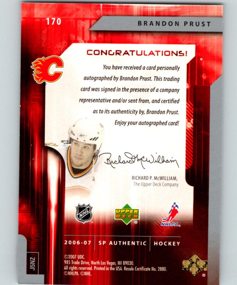 2006-07 SP Authentic #170 Brandon Prust MINT RC Rookie Auto 391/999 - 03069