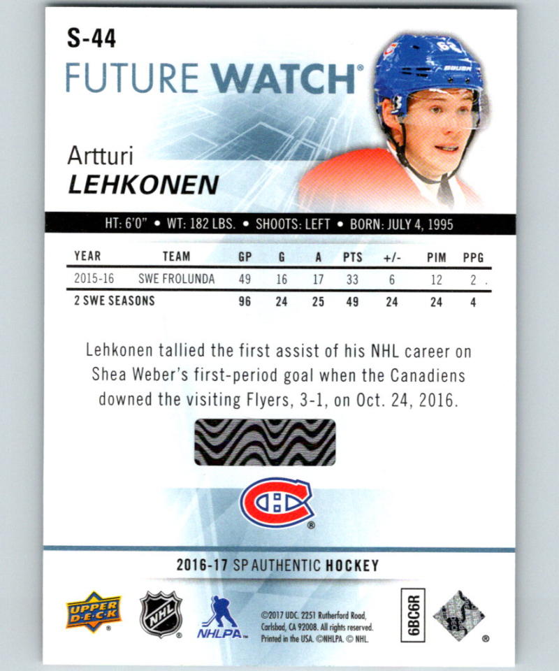 2016-17 Upper Deck SP Authentic Spectrum FX Artturi Lehkonen Rookie 05281