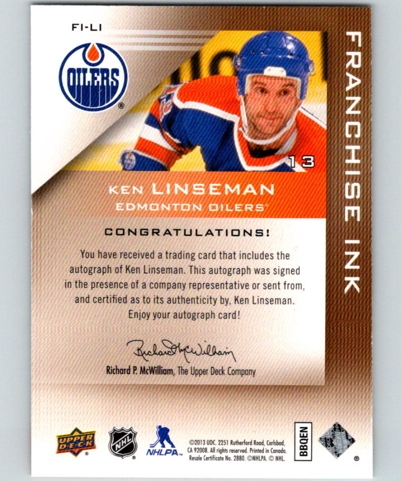 2013-14 Upper Deck Edmonton Oilers Collection Franchise Ink Ken Linseman Auto 07583