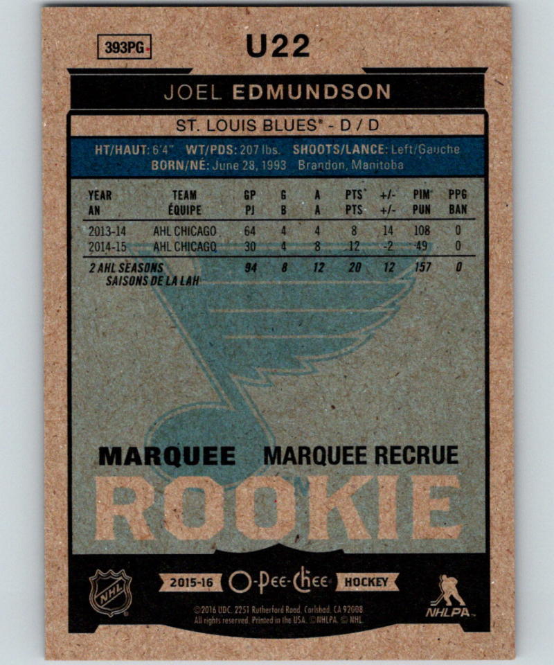 2015-16 Upper Deck O-Pee-Chee Update Red Joel Edmundson RC Rookie Blues 07585