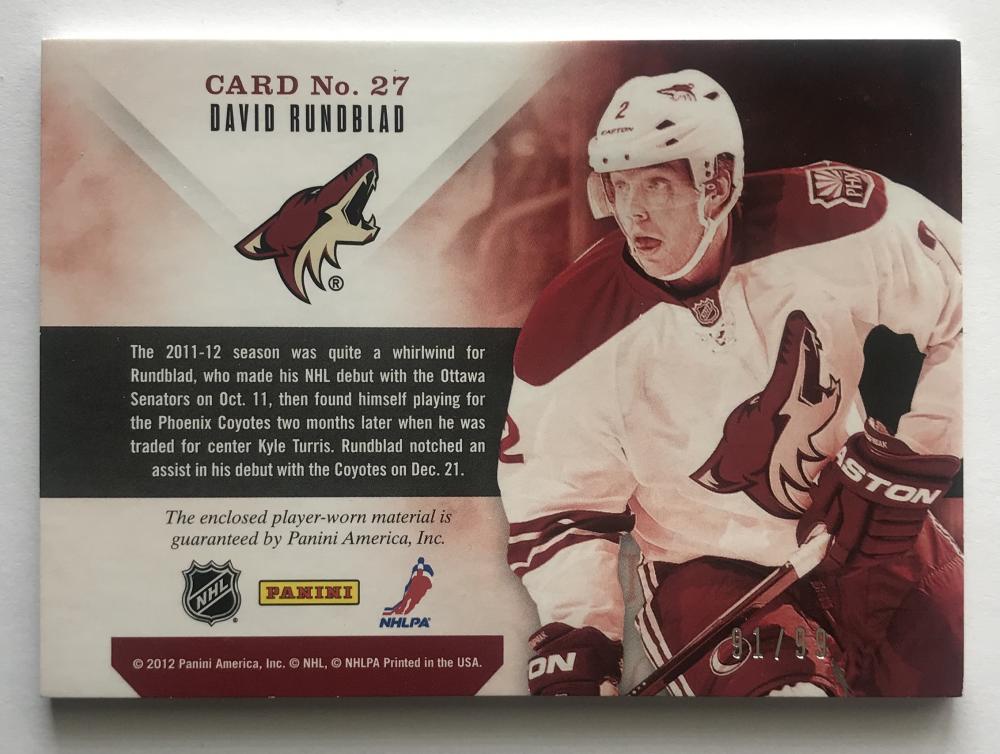 2011-12 Panini Prime Prime Time Rookies David Rundblad 91/99 Jersey 07586 Image 2