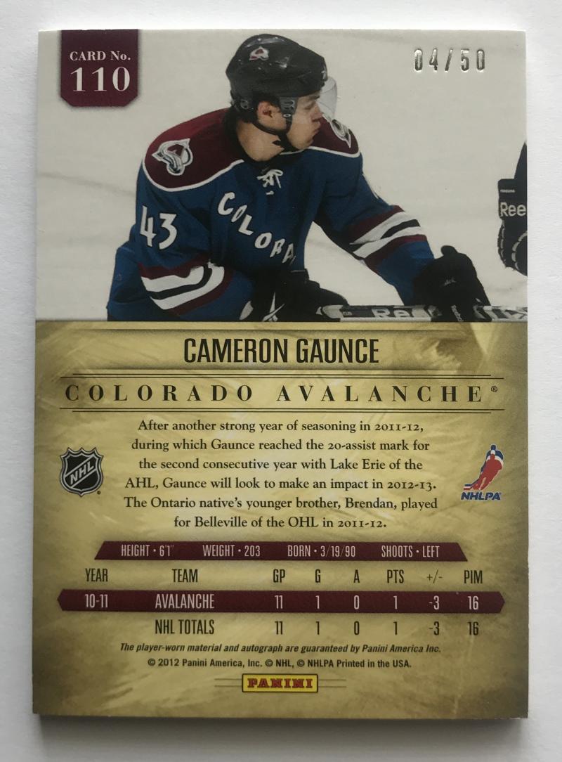 2011-12 Panini Prime Rookies Silver Auto Patch #110 Cameron Gaunce 4/50 RC 07587