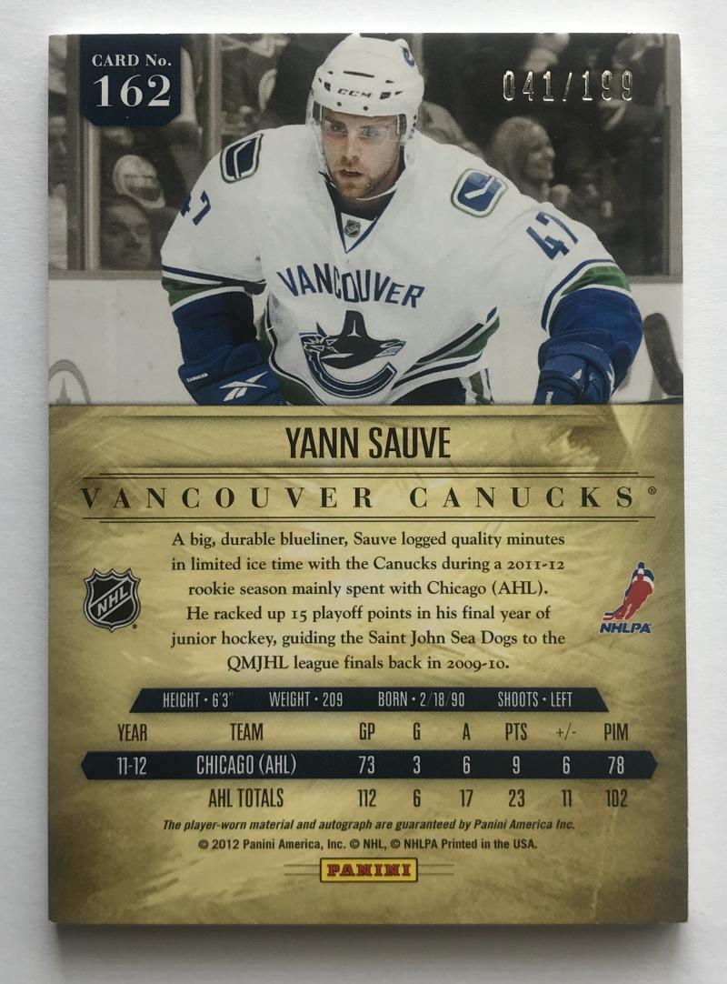 2011-12 Panini Prime Rookies Auto Jersey Yann Sauve 41/199 RC 07595