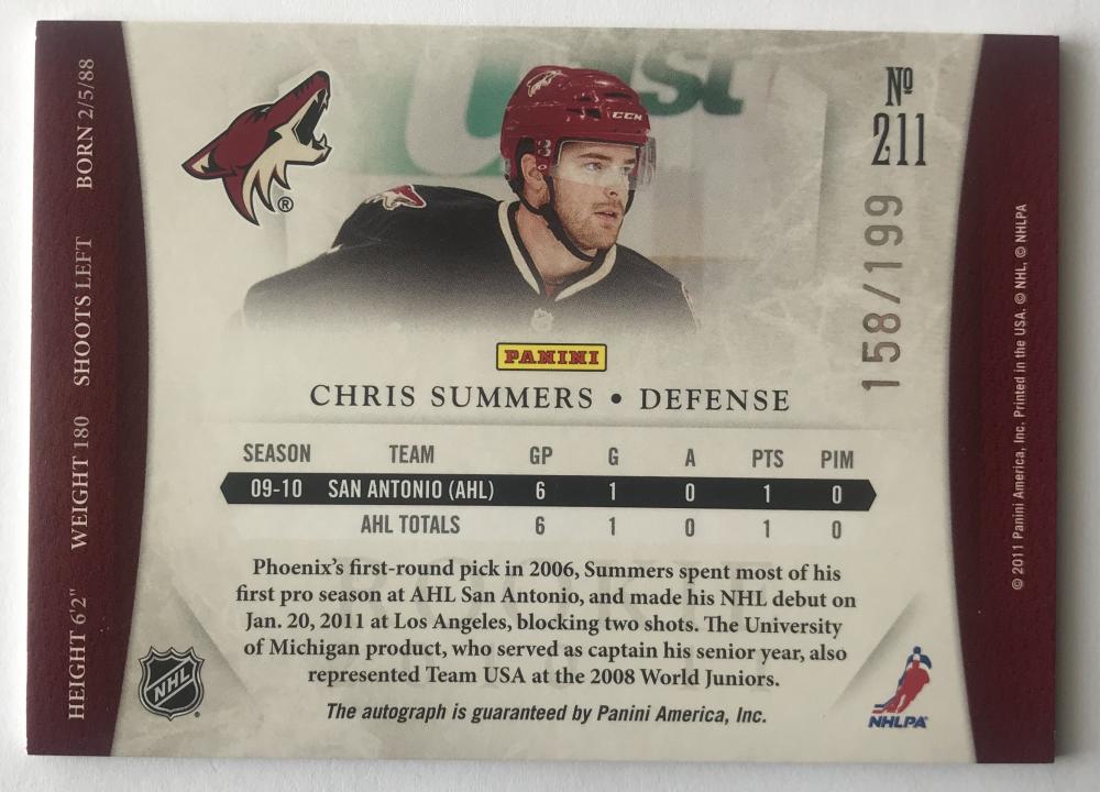 2010-11 Panini Dominion Rookie Signatures Chris Summers Auto 158/199 07597