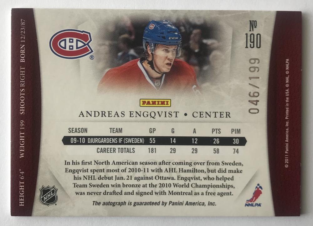 2010-11 Panini Dominion Rookie Signatures #190 Andreas Engqvist Auto 46/199 07601